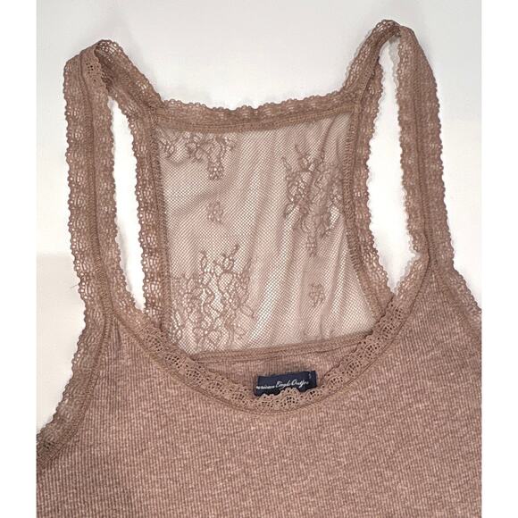 American Eagle Y2K Coquette Cami Tank MEDIUM Beige Brown Lace Back Babydoll Top - Picture 6 of 8